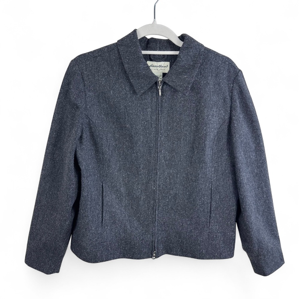 Eddie Bauer Womens Large Wool Silk Blend Tweed Full Zip Jacket Charcoal Grey L
